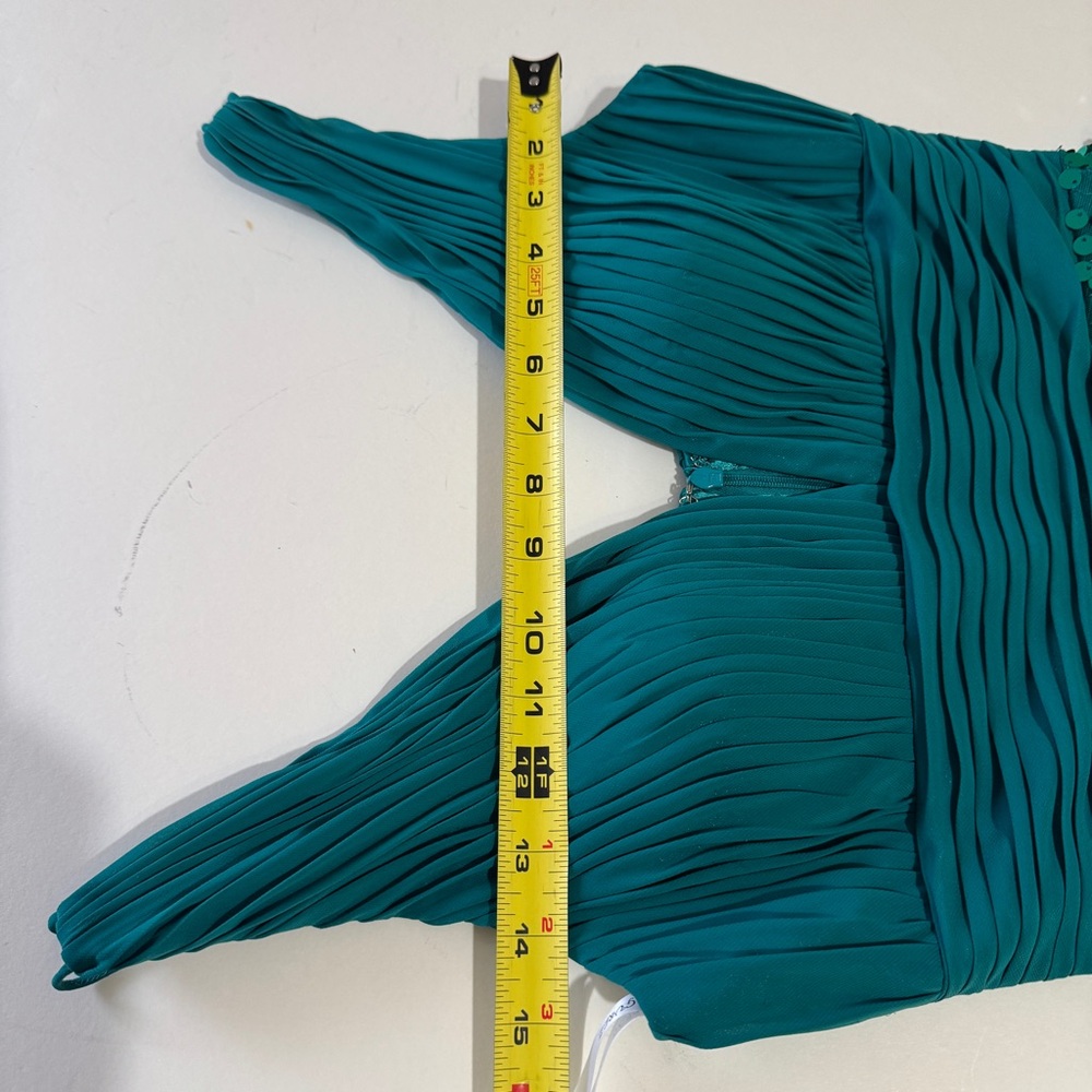 Teal Sequin V-Neck Mini Dress with Pleated Bodice - Picture 6 of 11